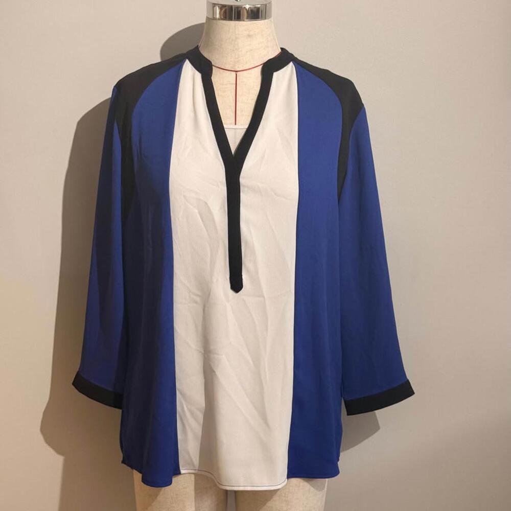 Kut from the Kloth Blue, White & Black Colorblock V-Neck Blouse